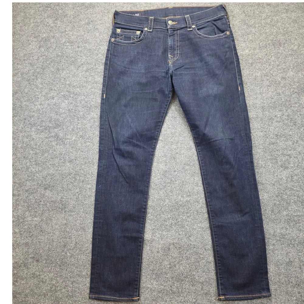 True Religion Geno Relaxed Slim Jeans Men 34X33 Dark Blue No Flap Stitch Stretch